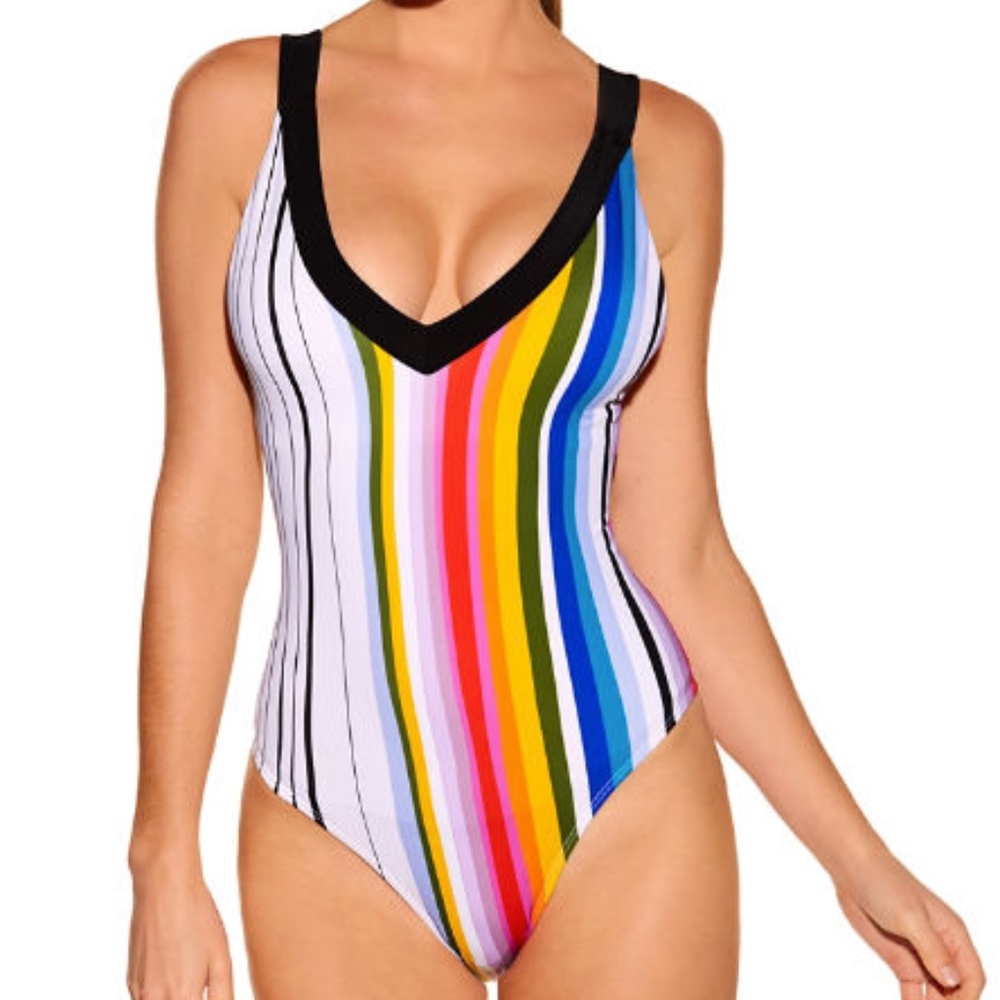 Rachel Roy Rainbow Striped Cutout Back Swimsuit